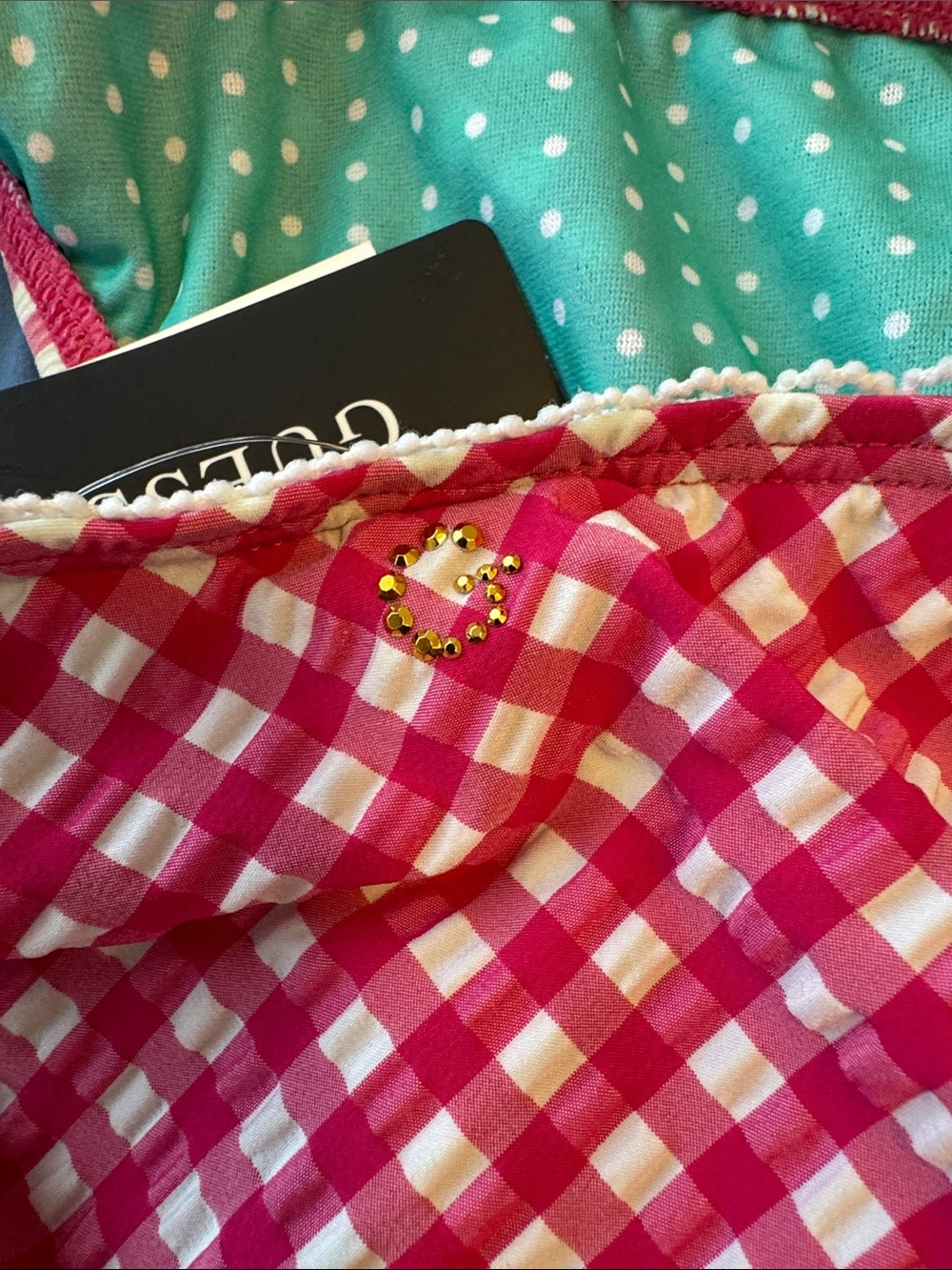 Guess Retro Pink White Gingham Lace Strappy Halter Bikini Top Bottom Swim Set XS - Picture 4 of 4